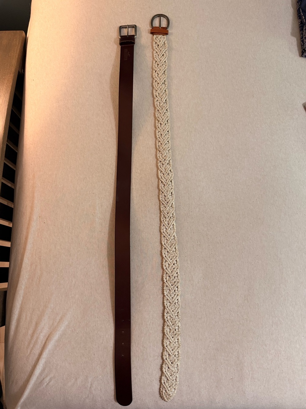 Hollister Brown Leather Belt & Cream Braided Belt - Neutral Duo
